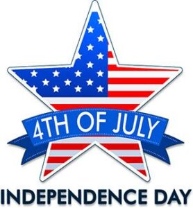 Star with USA flag inside start, banner says"4th of July" and below "Independence Day"